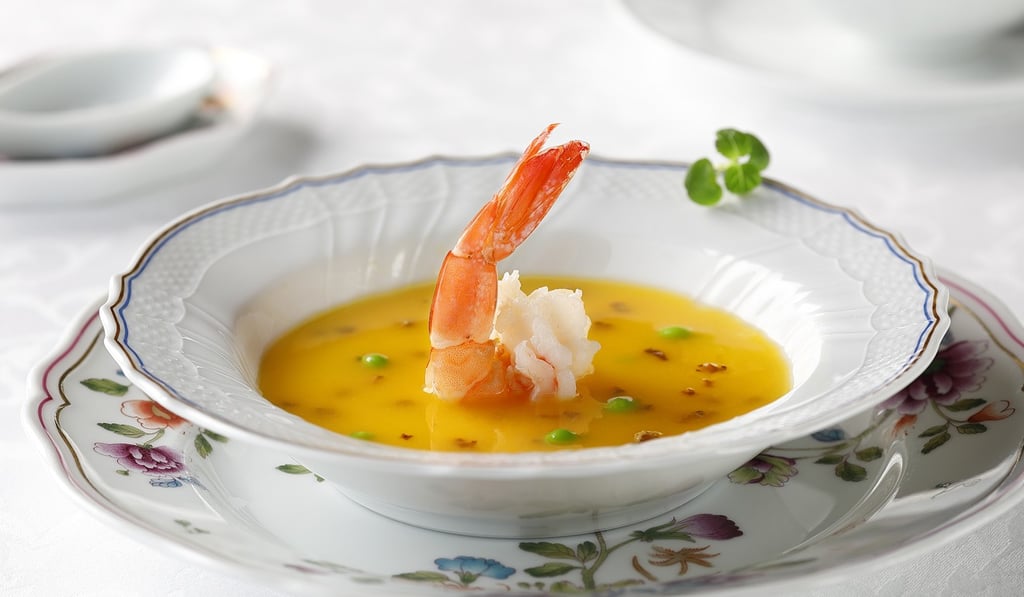 Pumpkin and chicken broth, black tiger prawn