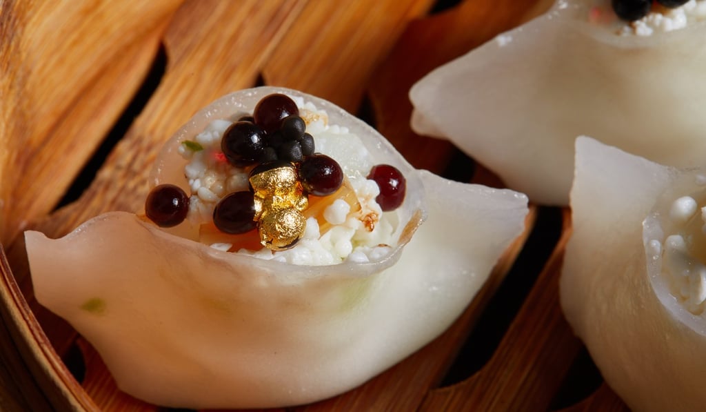 South Australian scallop, grouper, caviar and gold leaf, egg white dumpling