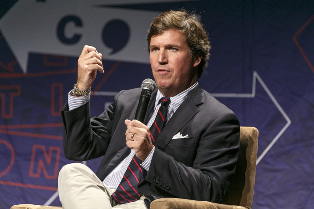 Tucker Carlson speaks onstage during Politicon 2018 at Los Angeles Convention Centre. Photo: TNS Tucker Carlson speaks onstage during Politicon 2018 at Los Angeles Convention Centre. Photo: TNS