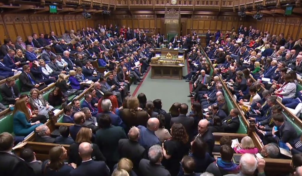 A video grab from footage broadcast by the UK parliament's Parliamentary Recording Unit (PRU) shows a packed House of Commons on Wednesday. Photo: AFP/PRU A video grab from footage broadcast by the UK parliament's Parliamentary Recording Unit (PRU) shows a packed House of Commons on Wednesday. Photo: AFP/PRU