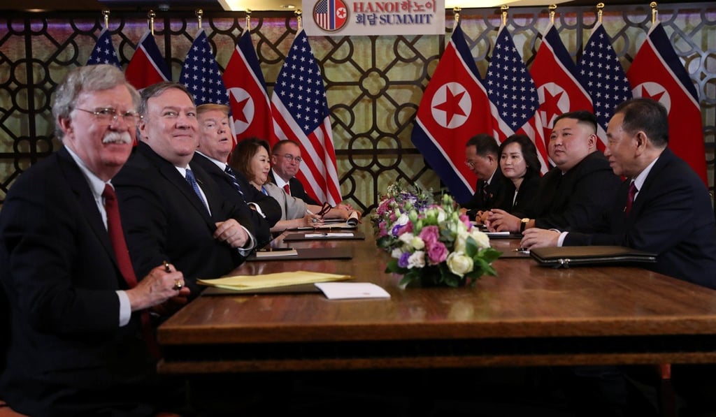White House National Security Adviser John Bolton (far left) attends the US-North Korea summit in Hanoi on February 28, led by US President Donald Trump and North Korean leader Kim Jong-un. Bolton may have advocated “moving the goalposts” before the meeting and thus played a major role in the failure of the summit. Photo: Reuters