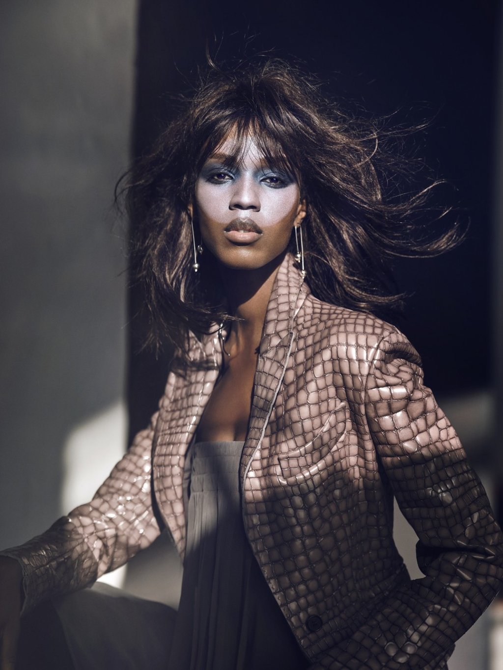 M.A.C Grand Illusion Glossy Liquid Lipcolour in Lunar Module; Extra Dimension skinfinish in Soft Focus; NARS eyeshadow quad in Moskova; Tom Ford blazer; Akris dress; Metrix Jewelry earrings; Nina Berenato collar