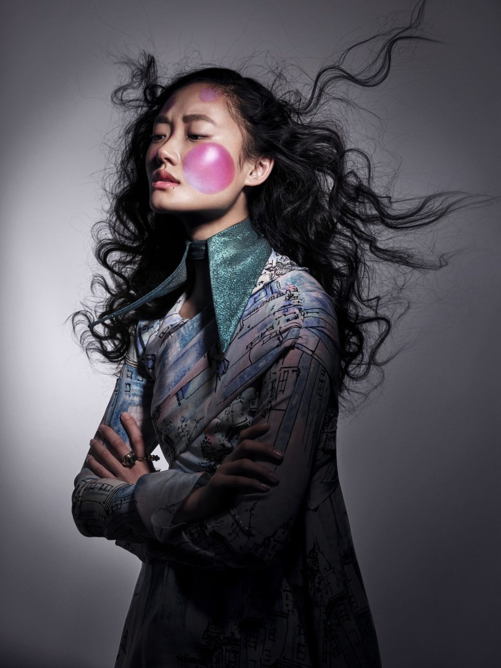 Dior ultra rouge lipstick in Ultra Daring Raspberry Pink, Ultra loud Fushia Pink; Dior Addict Laquer sticks in 794 Gamer and Stargirl; Sies Marjan, dress; Victoria Hayes collar; Hannah Jewett, rings