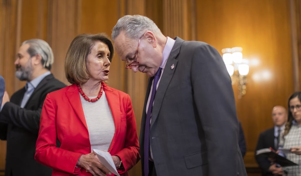 Democratic Speaker of the House Nancy Pelosi (left) speaks with Democratic Senator Chuck Schumer (right) during a press conference on January 16, 2019. Photo: EPA/Erik S. Lesser