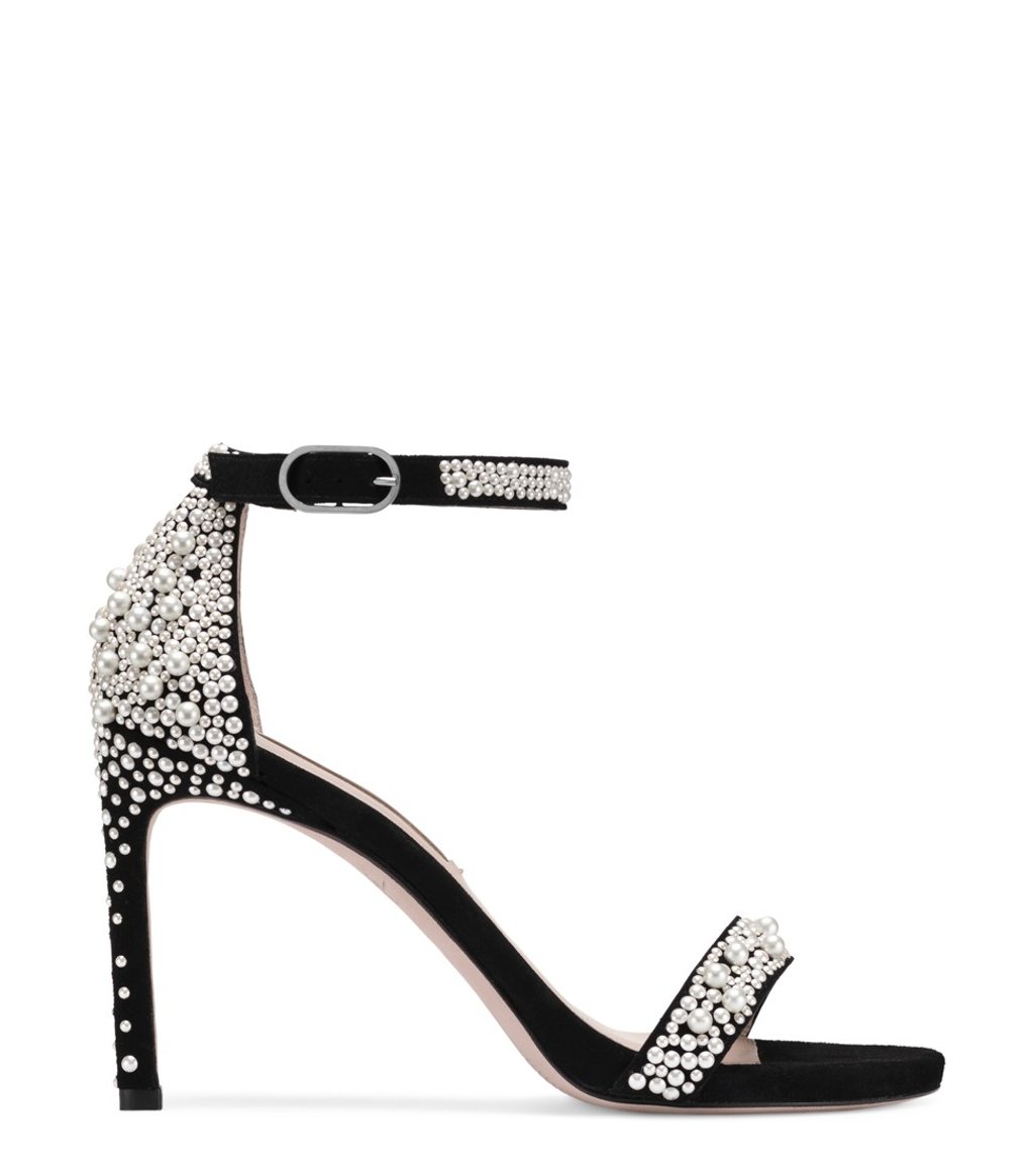 A black suede NUDIST PEARL sandal from the limited-edition Stuart Weitzman for Yang Mi Collection.