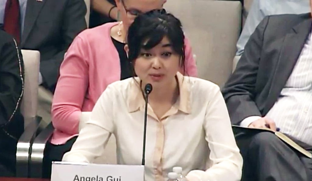 Angela Gui, daughter of detained publisher Gui Minhai, testifying in a 2016 US Congressional-Executive Commission on China in Washington. Photo: Handout