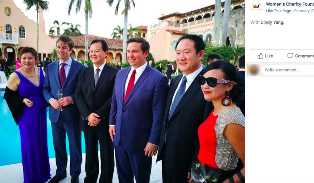Future Florida governor Ron DeSantis (centre) and Cindy Yang (left) attend an event at Trump’s Mar-a-Lago resort in 2018. Photo: TNS Future Florida governor Ron DeSantis (centre) and Cindy Yang (left) attend an event at Trump’s Mar-a-Lago resort in 2018. Photo: TNS