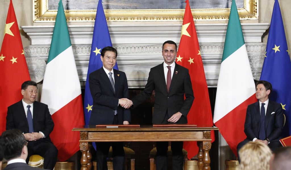 Italian Vice-Premier Luigi Di Maio shakes hands with Chinese Minister of Commerce Zhong Shan after Italy signed up for the Belt and Road Initiative. Photo: EPA-EFE Italian Vice-Premier Luigi Di Maio shakes hands with Chinese Minister of Commerce Zhong Shan after Italy signed up for the Belt and Road Initiative. Photo: EPA-EFE