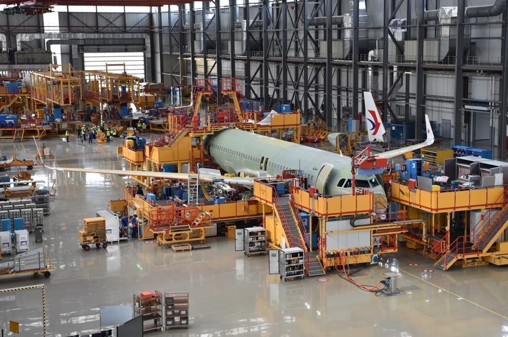 Staff work at Airbus’ assembly line for A320-jets in Tianjin, north China. Photo: Xinhua