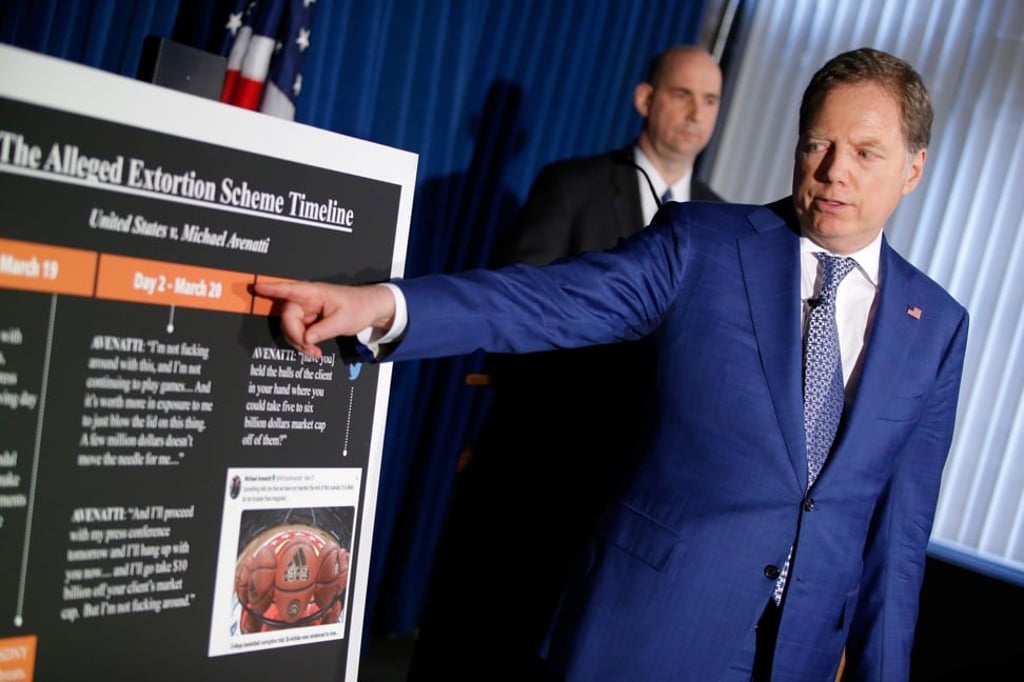 Geoffrey Berman, the US Attorney for the Southern District of New York details the alleged extortion scheme. Photo: Photo: Reuters