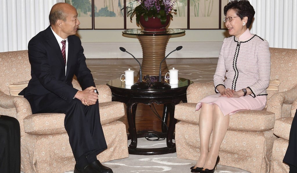 Hong Kong Chief Executive Carrie Lam chats with Han Kuo-yu at the Hong Kong Government House on March 22. Photo: Hong Kong government information services via AP