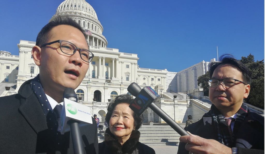 Dennis Kwok (left), Anson Chan and Charles Mok speak to reporters outside the US Capitol. Photo: Owen Churchill Dennis Kwok (left), Anson Chan and Charles Mok speak to reporters outside the US Capitol. Photo: Owen Churchill