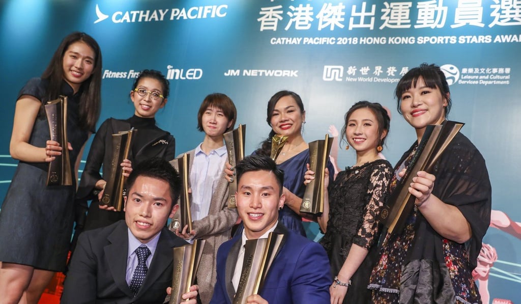 (Back row L-R): Vivian Kong Man-wai; Ng On-yee; Mok Uen-ying; Sarah Lee Wai-sze; Juanita Mok Uen-ying; Yu Chiu-yee; (Front row L-R): Leo Au Chun-ming and Shek Wai-hung, at the Hong Kong Sports Stars Awards.