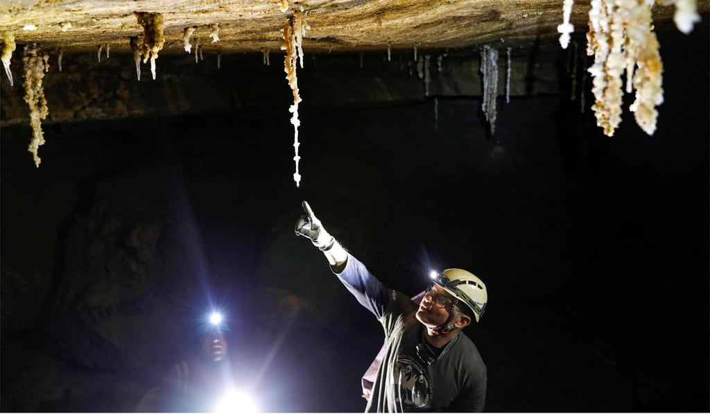 Yoav Negev, chairman of the Israel Cave Explorers Club and project leader of the Malham Cave Mapping Expedition, shows journalists salt stalactites in the Malham cave on March 27, 2019. Photo: AFP