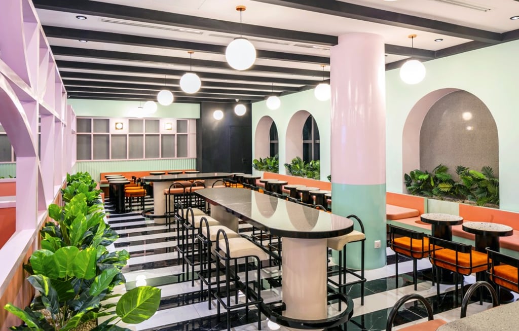 The candy-coloured interior of the dessert shop. The candy-coloured interior of the dessert shop.