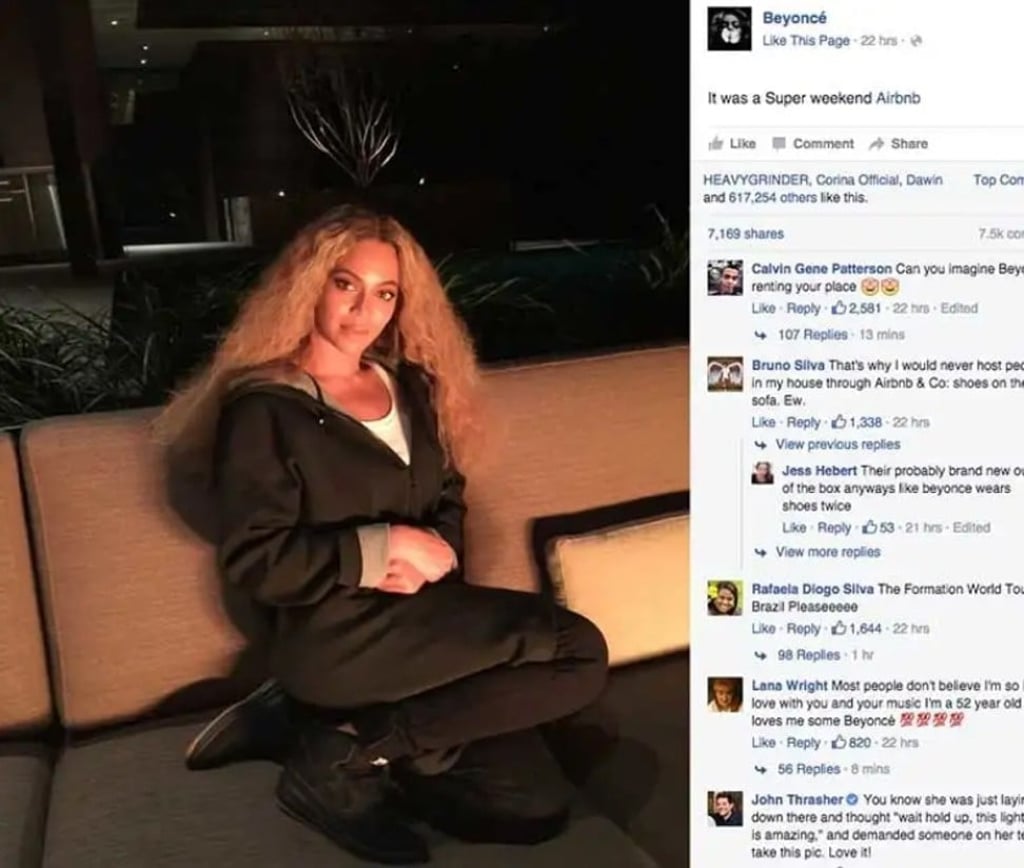 Beyoncé’s Facebook post after her 2016 stay in a US$10,000-a-night Airbnb in Los Altos Hills, California. Photo: Beyoncé/Facebook