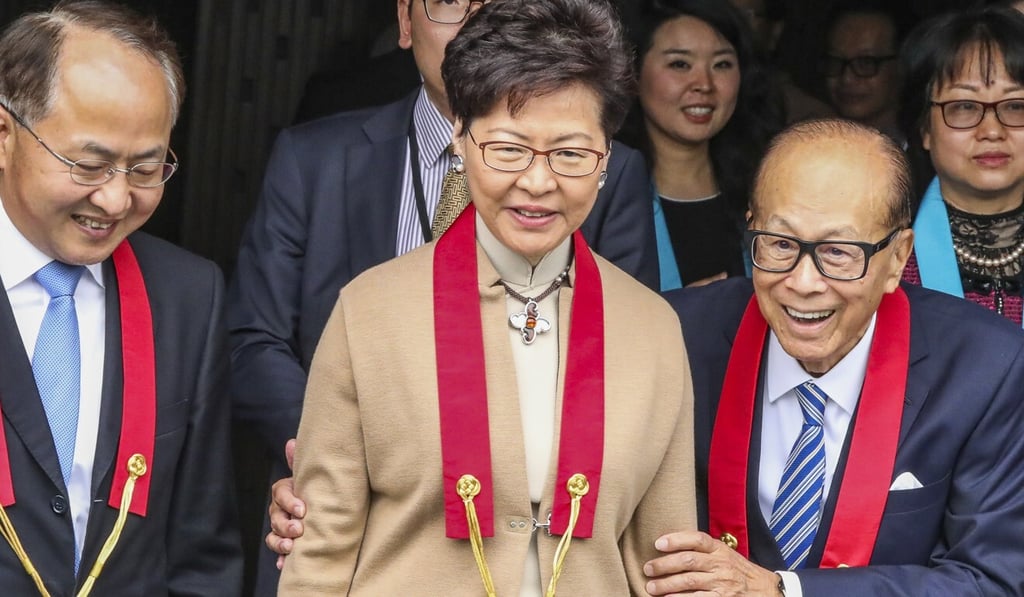 Wang Zhimin (left), Carrie Lam and Li Ka-shing attend the inauguration of Tsz Shan Monastery’s Buddhist Art Museum in Tai Po. Photo: Nora Tam