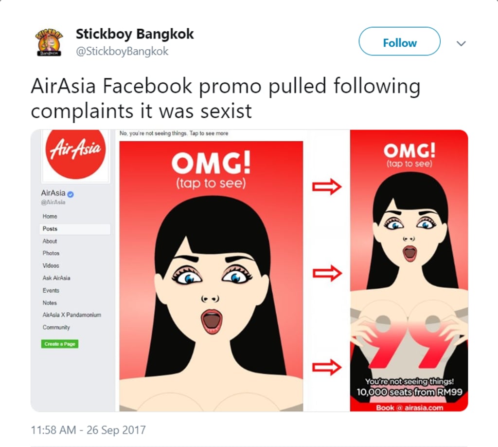 An AirAsia ad from 2017 that was slammed for its sexist content. Photo: Twitter / @StickboyBangkok