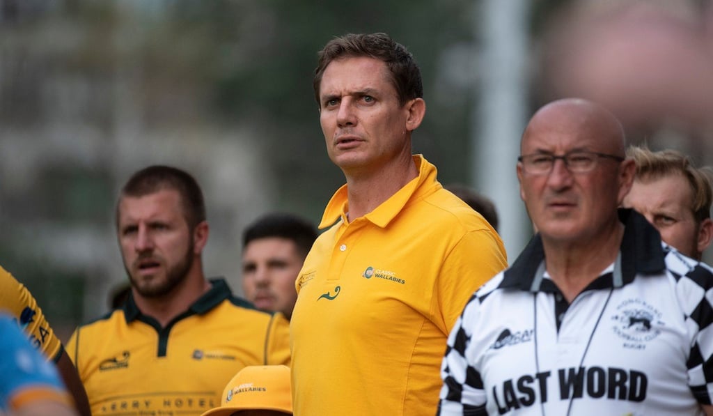 Stephen Larkham (centre) watches his Classic Wallabies during the 10s on Tuesday night.