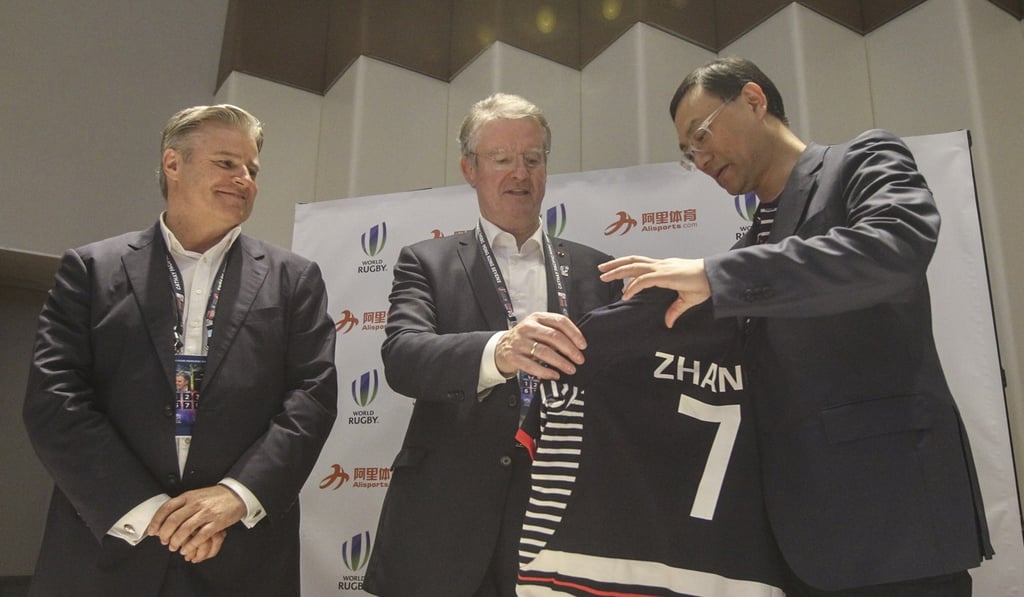 Former World Rugby chairman Bernard Lapasset (centre) with Brett Gosper (left) and Alisports’ Zhang Dazhong at the 2016 launch of the ill-fated China programme. Photo: SCMP