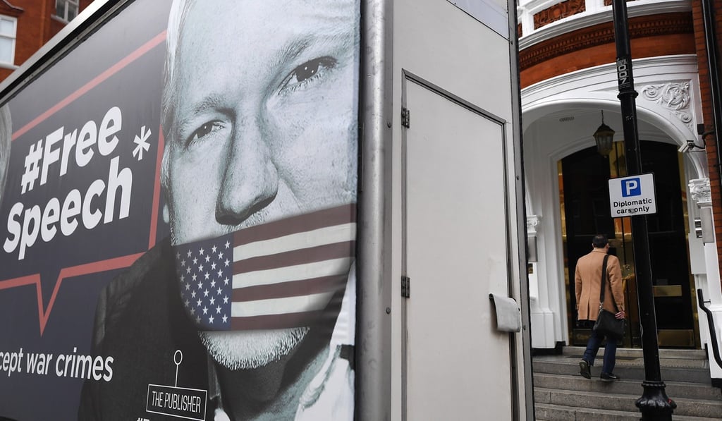 A WikiLeaks campaign vehicle is parked outside the Ecuadorean embassy in London, where the website’s founder Julian Assange has sought refuge since June 2012, after the UK Supreme Court ruled that he was to be extradited to Sweden to answer charges of rape and sexual assault. The charges have since been dropped but Assange is still living in the embassy over fears he might be extradited onwards to the US. Photo: EPA-EFE A WikiLeaks campaign vehicle is parked outside the Ecuadorean embassy in London, where the website’s founder Julian Assange has sought refuge since June 2012, after the UK Supreme Court ruled that he was to be extradited to Sweden to answer charges of rape and sexual assault. The charges have since been dropped but Assange is still living in the embassy over fears he might be extradited onwards to the US. Photo: EPA-EFE
