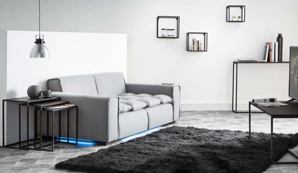 Miliboo’s smart sofa is equipped with vibrating cushions, built-in speakers, and LED lighting under the base to offer an immersive experience as you watch content on a smart television. Photo: Miliboo