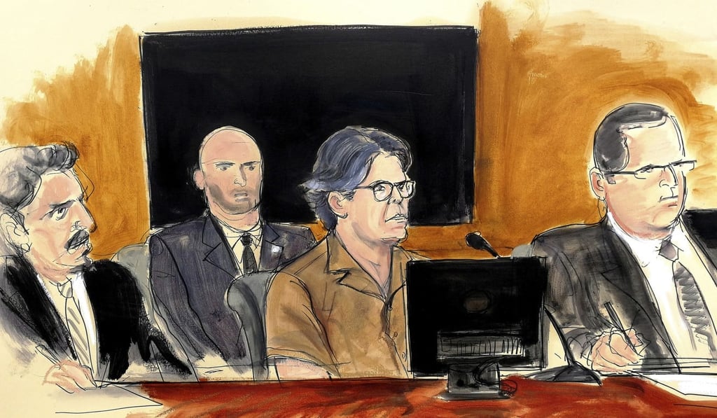 An April 13, 2018, courtroom sketch shows Keith Raniere (second from right), leader of the secretive group NXIVM. Photo: Elizabeth Williams via AP