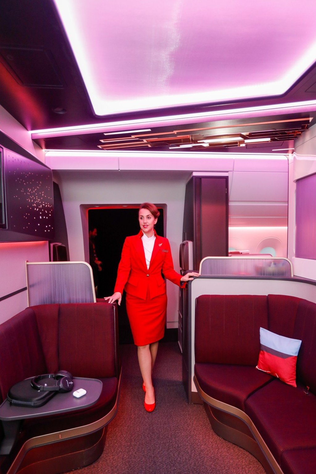A cabin crew member in ‘The Loft’ of a replica cabin and training rig of Virgin Atlantic’s new Airbus SE A350. Photo: Bloomberg