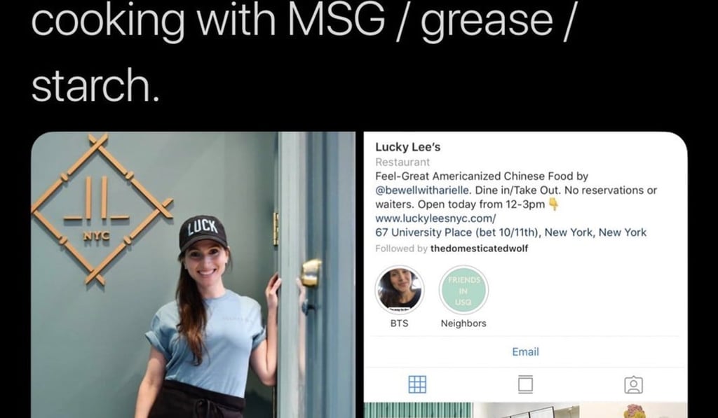 A now-deleted tweet by user Lanya Olmsted that says Lucky Lee’s owner is ‘shaming traditional Chinese food’. Photo: Twitter