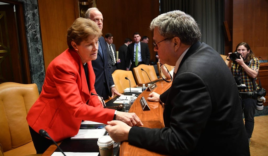 US Attorney General William Barr speaks to Senator Jeanne Shaheen during a hearing on Capitol Hill on Wednesday. Photo: AFP