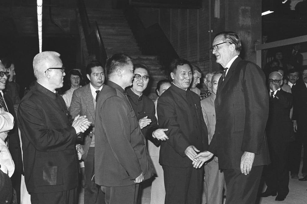 Governor Sir Murray MacLehose (right) shaking hands with China's vice-minister of railways, Geng Zhunlin, at the inauguration of the Canton-Kowloon through train, in April 1979. Photo: SCMP