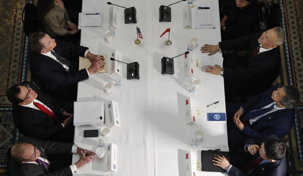 Senior US and Chinese officials take part in trade negotiations in Washington in February. Photo: AP