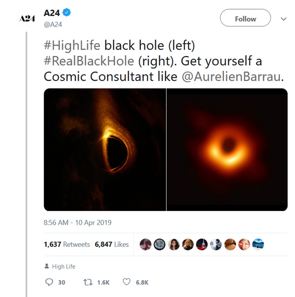A Twitter post that compares a black hole portrayed in the 2018 movie High Life to the image captured by the Event Horizon Telescope (EHT) project this week. Source: Twitter A Twitter post that compares a black hole portrayed in the 2018 movie High Life to the image captured by the Event Horizon Telescope (EHT) project this week. Source: Twitter