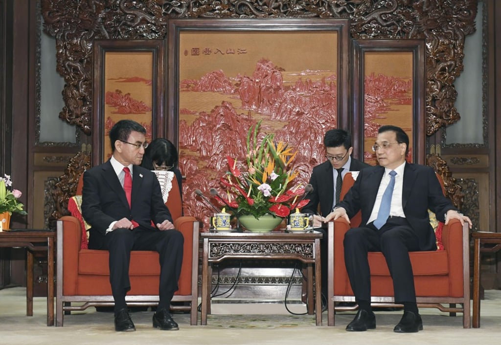 Japanese Foreign Minister Taro Kono also met Chinese Premier Li Keqiang during his visit to China. Photo: Kyodo Japanese Foreign Minister Taro Kono also met Chinese Premier Li Keqiang during his visit to China. Photo: Kyodo