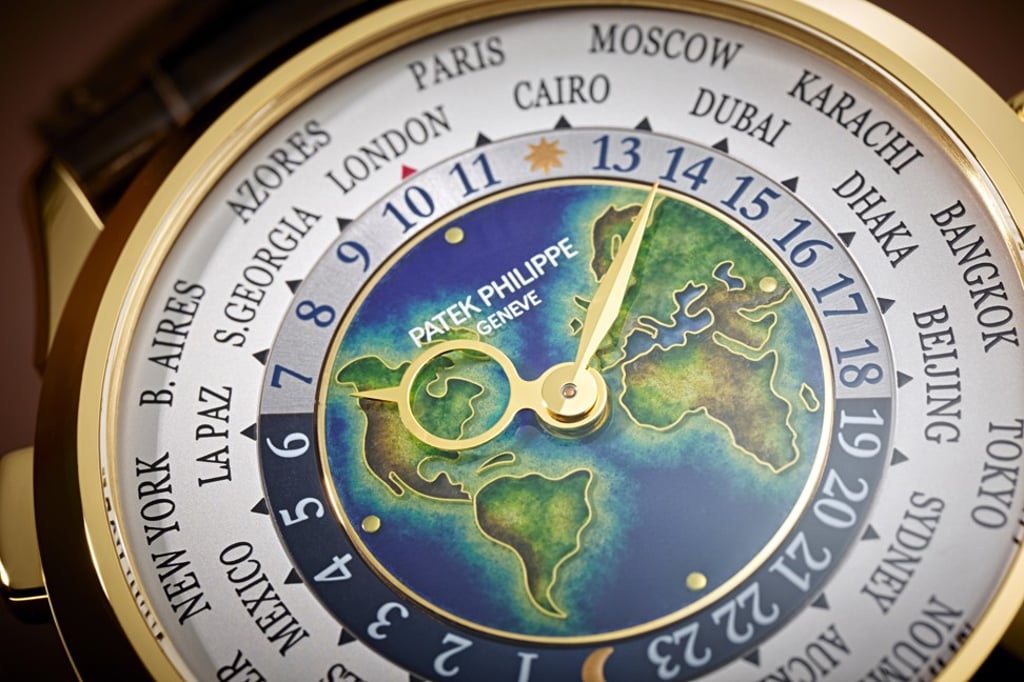 Patek Philippe’s World Time watch is encased in a newly-designed yellow-gold case.