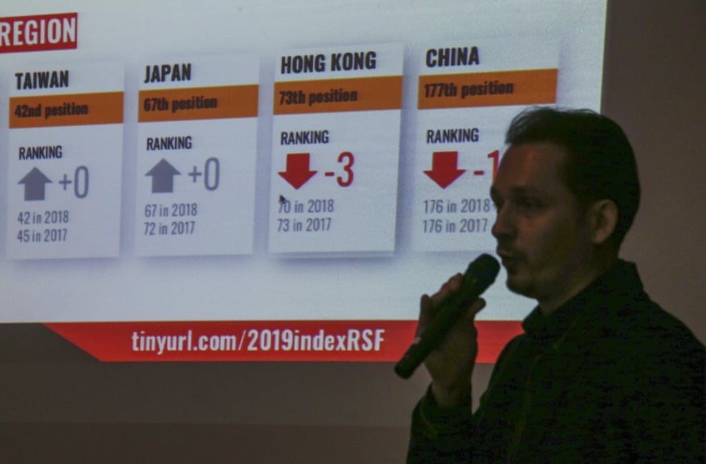 Reporters Without Borders East Asia bureau director Cédric Alviani unveils the 2019 World Press Freedom Index on Thursday. Photo: David Wong Reporters Without Borders East Asia bureau director Cédric Alviani unveils the 2019 World Press Freedom Index on Thursday. Photo: David Wong