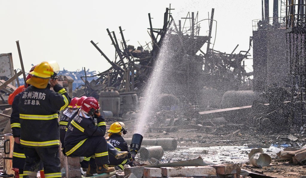 Firefighters work in the rubble of a pesticide plant in Jiangsu province following an explosion on March 23. Photo: Reuters