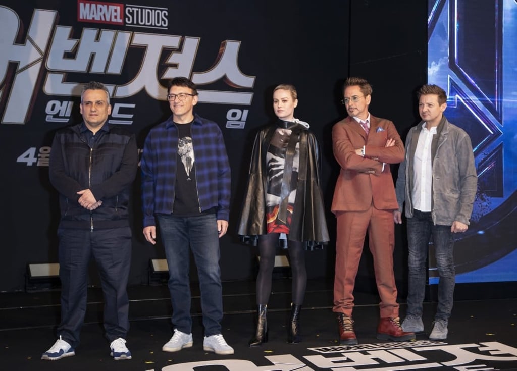 Directors Joe Russo and Anthony Russo, actress Brie Larson, actor Robert Downey Jr. and actor Jeremy Renner (from L to R) at a press conference for Avengers: Endgame at Four Seasons Hotel in Seoul on April 15, 2019. The movie opens in South Korea on April 24. Photo: Xinhua