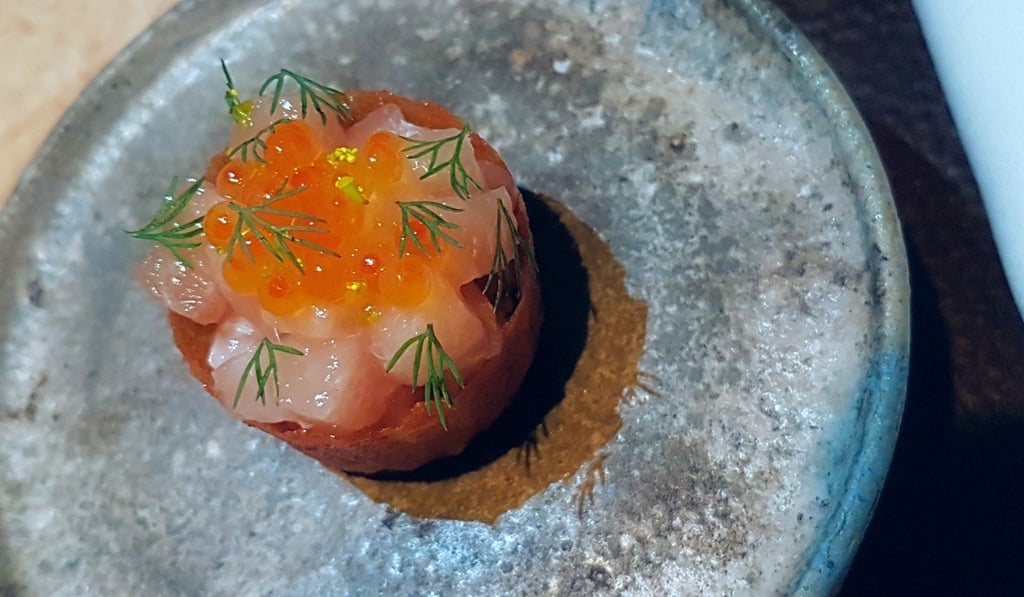 Beer poached crustacean, smetana, wild trout roe. Photo: Cedric Tan Beer poached crustacean, smetana, wild trout roe. Photo: Cedric Tan
