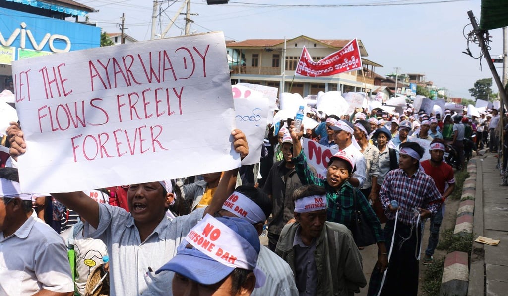 People from Kachin State take part in a protest against the Myitsone dam on Monday. Photo: AFP
