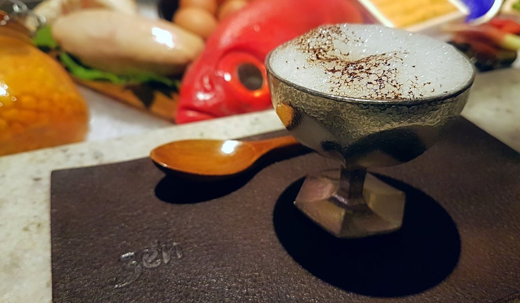 Onion velouté, almond, licorice, enjoyed in full view of the ingredients for the evening. Photo: Cedric Tan Onion velouté, almond, licorice, enjoyed in full view of the ingredients for the evening. Photo: Cedric Tan