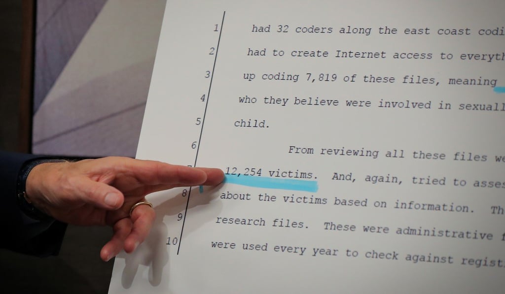 Lawyer Jeff Anderson points to a legal document during a news conference on Tuesday accusing the Boy Scouts of America of harbouring thousands of sexual abusers. Photo: Reuters