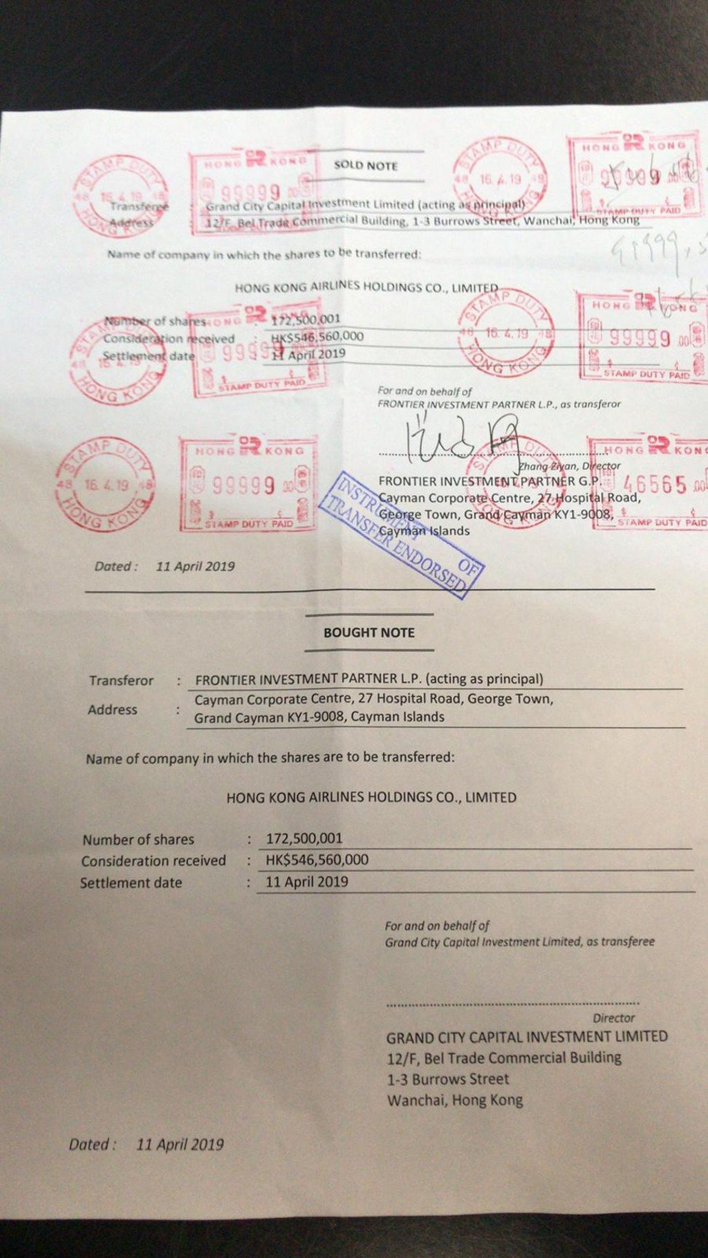 Documents purporting to show Frontier Investment Partner has sold its stake in Hong Kong Airlines. Photo: Handout