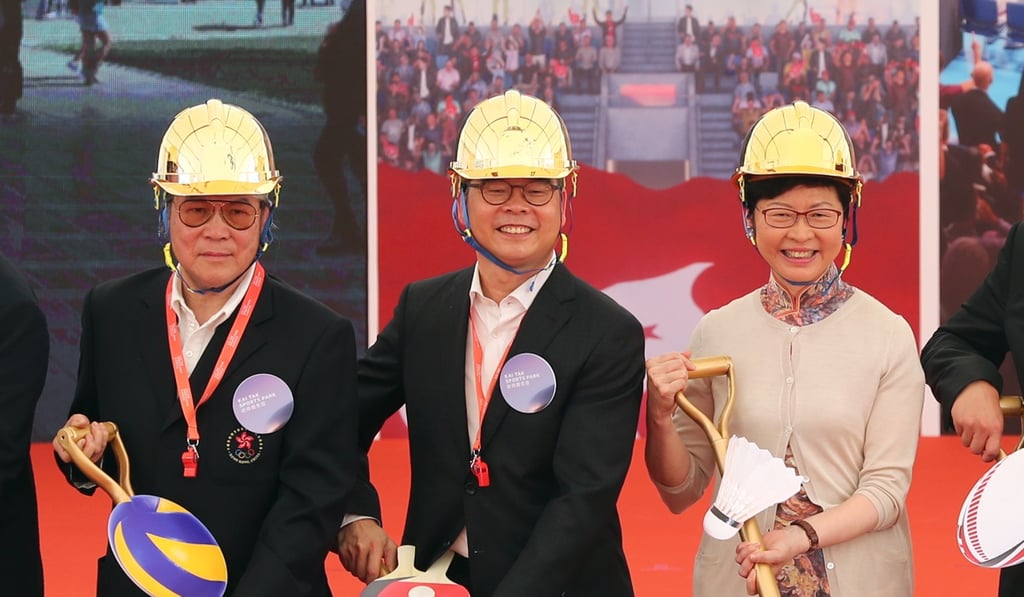 Timothy Fok (left), with chief executive Carrie Lam and Secretary for Home Affairs Lau Kong-wah, at the groundbreaking ceremony for the Kai Tak Sports Park. Photo: Sam Tsang