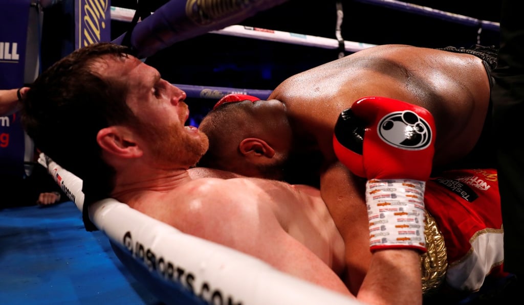 David Price is distressed as Kash Ali sinks his teeth into his torso during their heavyweight fight at M&S Bank Arena, Liverpool last month. Photo: Reuters