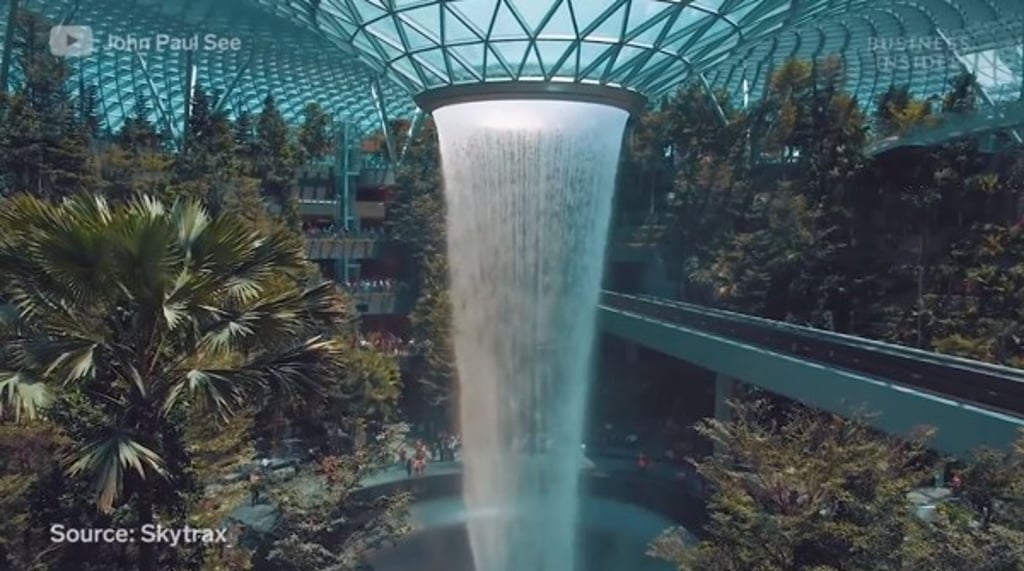 The HSBC Rain Vortex at the newly-opened Jewel Changi. Image: Screengrab from Business Insider’s Changi Airport video
