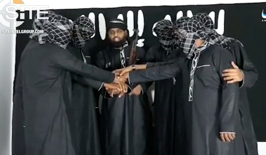People alleged to be the Sri Lanka bomb attackers at an unknown location, taken from video uploaded by Islamic State’s AMAQ news agency. Photo: Reuters