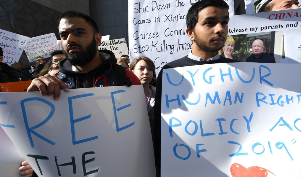 Protesters in front of the US mission to the United Nations in February call on the State Department to fight for the freedom of Uygurs being held in camps in China. Photo: AFP