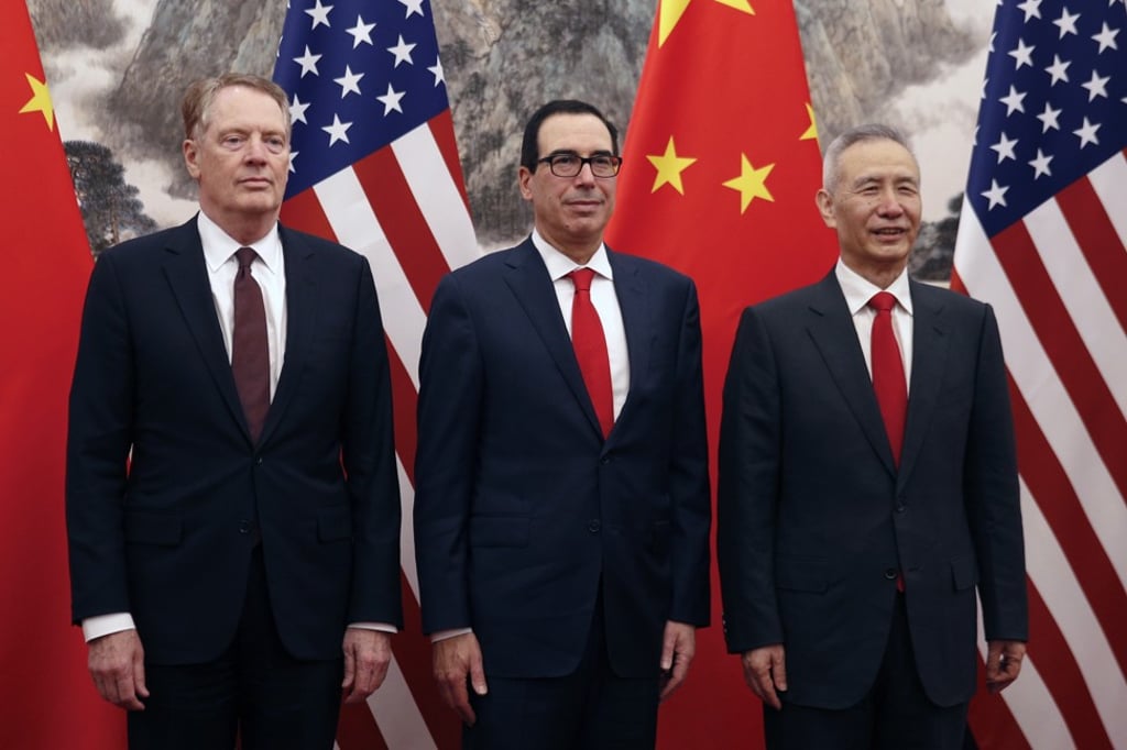 Chinese vice-premier Liu He, right, poses with US Treasury Secretary Steven Mnuchin, centre, and US Trade Representative Robert Lighthizer, left, before they proceed to their meeting at the Diaoyutai State Guesthouse in Beijing, Wednesday, May 1, 2019. Photo: AP Chinese vice-premier Liu He, right, poses with US Treasury Secretary Steven Mnuchin, centre, and US Trade Representative Robert Lighthizer, left, before they proceed to their meeting at the Diaoyutai State Guesthouse in Beijing, Wednesday, May 1, 2019. Photo: AP