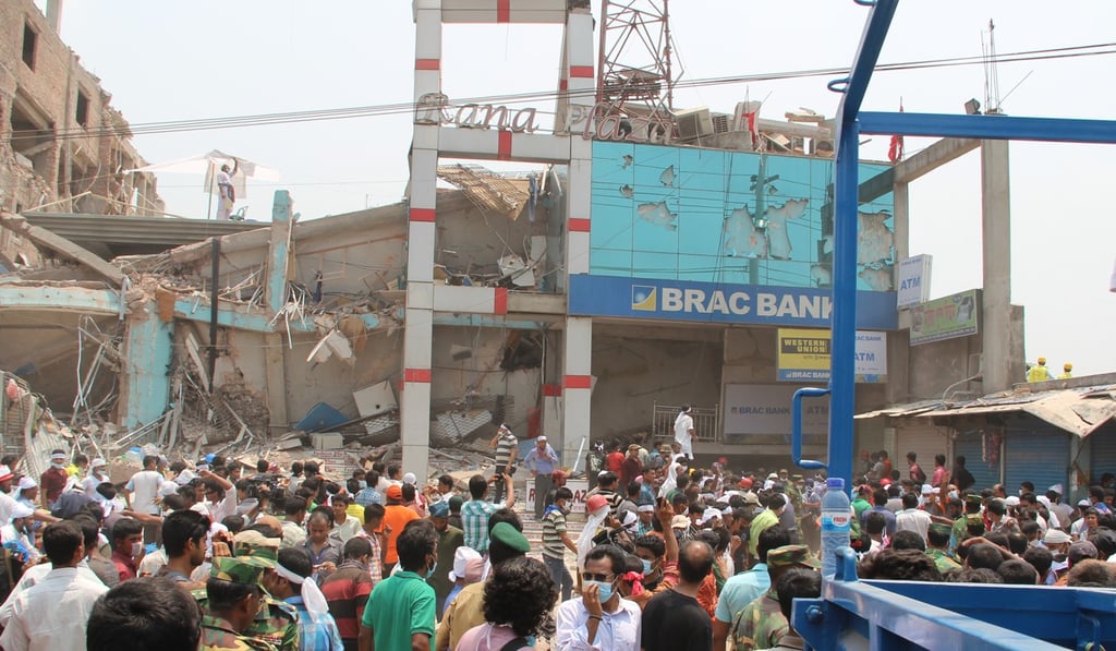 A crowd gathers after the collapse of Rana Plaza in April 2013. Photo: Handout